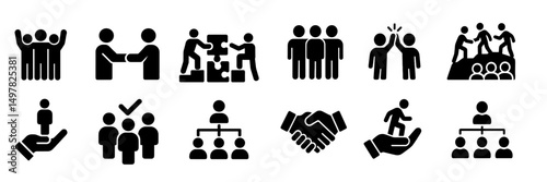 Diverse teamwork and collaboration icons representing various activities and interactions in a business or community setting