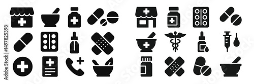 Black and white silhouettes of pharmacy symbols including pills, bandages, and medical tools in a healthcare setting