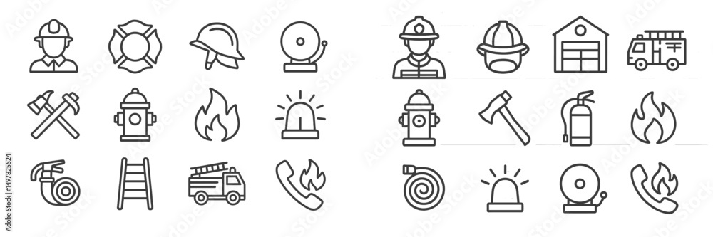 Fire safety icons and symbols for emergency services representation in a simple line style Fire safety icons and symbols for emergency services representation in a simple line style