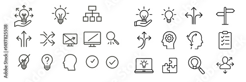 Creative icons representing ideas, planning, and problem-solving in a modern digital workspace