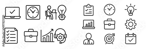 Illustration of productivity and time management concepts with various icons related to work and organization