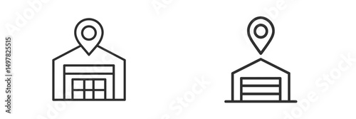 Design of simplistic warehouse icons with location markers for application use in digital platforms