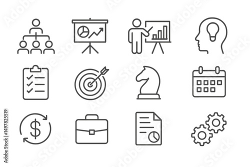 Business planning and strategy icons illustrating teamwork and productivity in modern workplaces