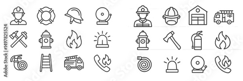 Fire safety icons and symbols for emergency services representation in a simple line style