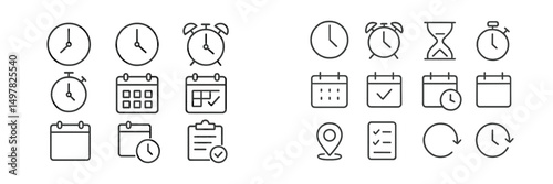 Various clock and calendar icons representing time management and scheduling tasks for productivity and organization