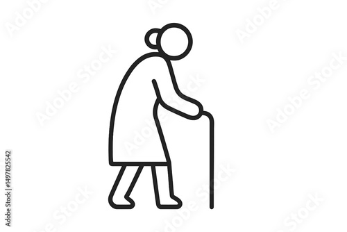 Elderly woman walking with cane in a simple line drawing style suited for illustrations