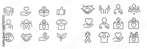 Icons depicting community, charity, and social responsibility activities in a minimalistic design showcasing various themes