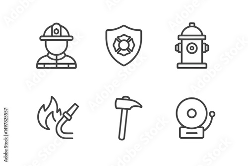 Emergency response equipment and personnel symbols depicted in a minimalist design for fire safety awareness