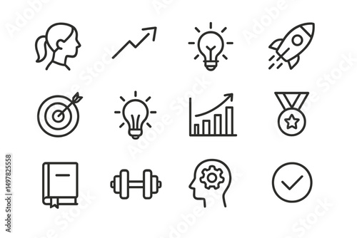 Icons representing personal growth, achievement, and motivation for wellness and success in various aspects of life