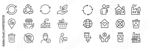 Collection of recycling and eco-friendly icons illustrating sustainability concepts and environmental protection efforts shared in a minimalist style