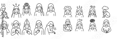 Various illustrations representing different emotions and states of mind related to stress, anxiety, and confusion
