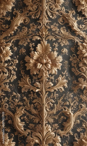 Intricate damask pattern with swirling floral motifs, classic wallpaper design, graphics, illustration, interior