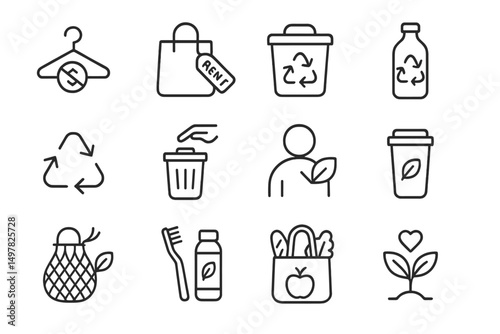 Icons representing sustainable living practices such as recycling, eco-friendly shopping, and waste reduction