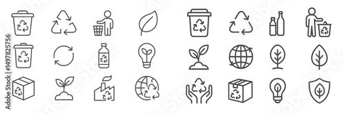 Icons representing recycling, waste management, and eco-friendly practices in a clean, organized layout for educational use
