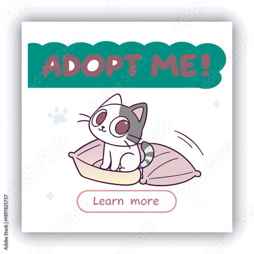 Adopt, don't shop! Creative square banner template. Naive illustration with young woman, who hugging her adopted dog with big heart on background. Flat style. Kawaii clip art with french bulldog.