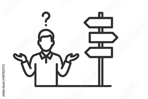 Confused person standing in front of direction signs questioning the way to go in an uncertain situation