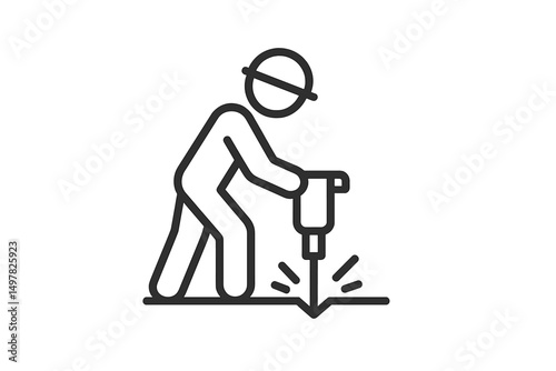 Construction worker operating jackhammer at a construction site during daylight hours in an urban area