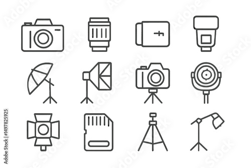 Collection of camera equipment and accessories for photography setup in studio environment