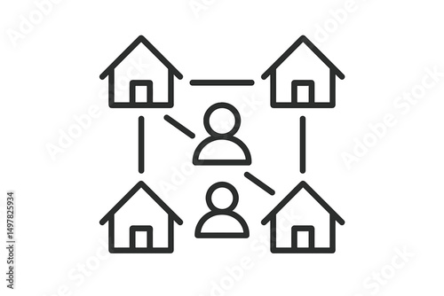 Network connection between multiple houses illustrated with person icons in a simple graphic layout