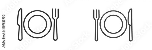 Two sets of dinnerware arranged symmetrically with plates, forks, and knives on a white background