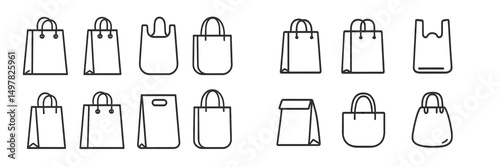 Variety of shopping bags illustrated for different uses and styles in a minimalistic design