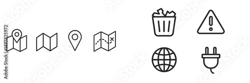 Unique collection of icons representing navigation, waste management, caution, and energy concepts in minimalist style