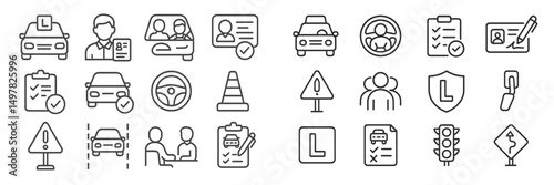 Driving test icons illustrating various aspects of vehicle assessment and road safety compliance in a clear and organized manner