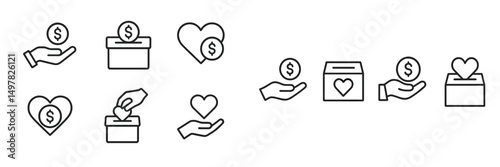 Icons representing donation actions in various forms, illustrating charitable giving and support