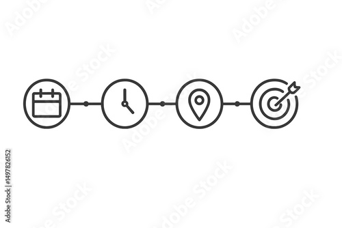 Planning an event with calendar, clock, location marker, and target icon along a timeline for effective organization