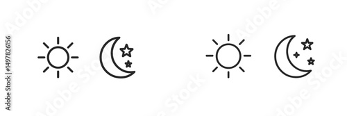 Illustrative icons displaying sun and moon phases with stars representing day and night transitions in a simple design