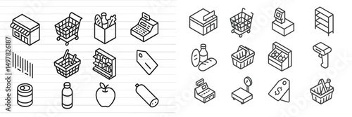 Grocery store icons depicting various products, checkouts, and shopping carts in a minimalistic illustration style