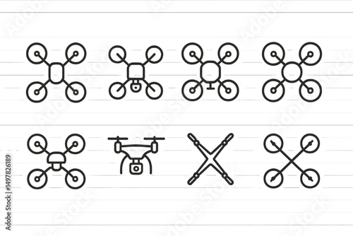 Various drone icons illustrating different types and designs in a minimalist style
