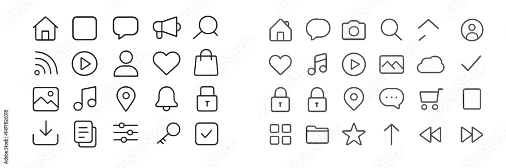 Collection of minimalist line icons for user interface design and digital applications showcasing various functions and features