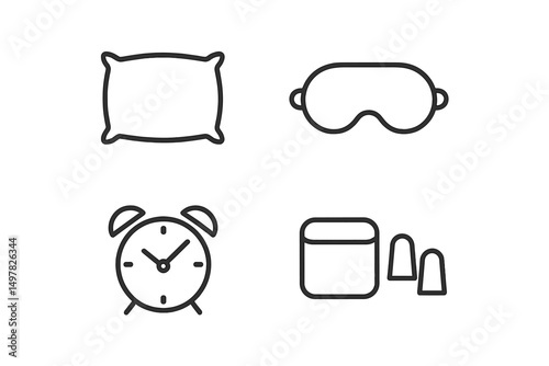 Relaxation essentials for a restful sleep routine featuring a pillow, sleep mask, alarm clock, and earplugs