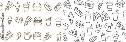 Delightful collection of food and drink illustrations featuring a variety of snacks and beverages on a simple background