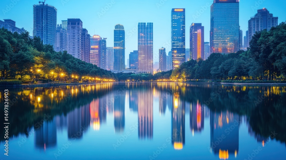 Fototapeta premium City skyline reflecting in water, modern buildings, tranquil urban landscape