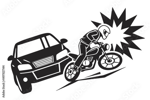 Motorcycle collision with car vector icon, depicting danger, accident, insurance claim, and traffic safety in monochromatic illustration.