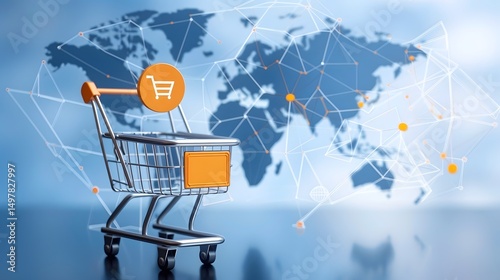 Global online shopping cart on digital world map