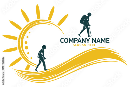 Vector Logo Design Featuring a Hiker with Backpack, Sun, and Dynamic Waves for Travel or Tourism Company.
