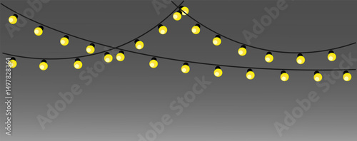 Gold light garland light fixture gray background. Lighting vector illustration. Party banner design. 