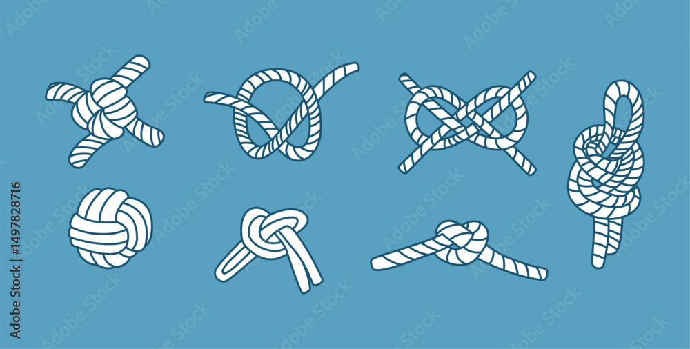 Set illustrations of white nautical rope knots on blue background.