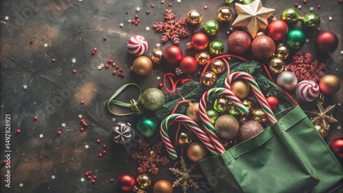 A Festive Christmas Scene With A Green Gift Bag Filled With Ornaments, Candy Canes, And Decorations