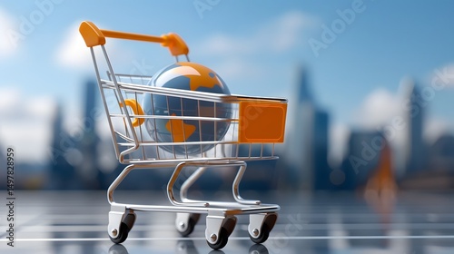 Obraz na płótnie Shopping cart in front of a modern city skyline w salonie