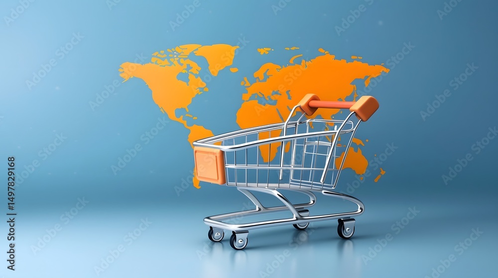 Global online shopping with shopping cart and world map