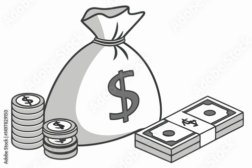 Monochromatic Money Illustration: Stack of Bills, Bag of Coins, Dollar Sign, Financial Theme