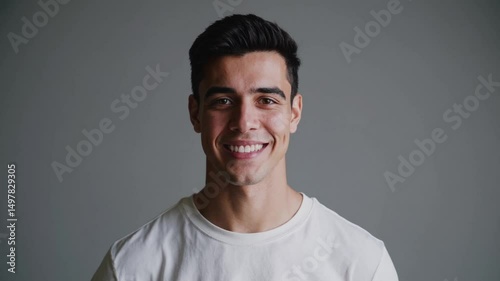Portrait of smiling young man in white t-shirt looking at camera, isolated on gray background