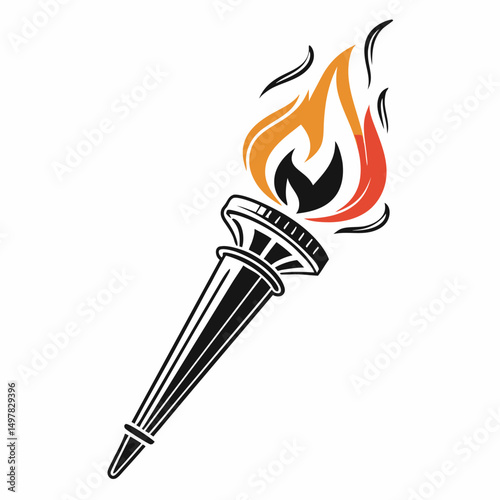 Vector illustration of a flaming torch with black handle, symbol of courage, sports and glory on white background.