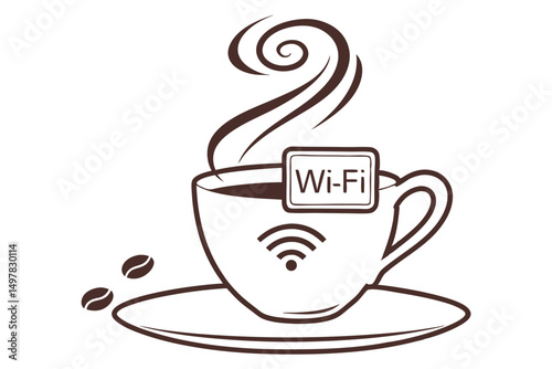 Coffee Cup with Wi-Fi Symbol and Beans, Illustration for Internet Cafe or Free Wi-Fi Zone, Vector Art.