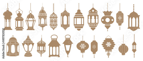 Arabic traditional islamic eastern lanterns garland. Muslim ornamental hanging golden lanterns, lamps vector illustration.