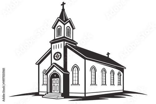 Elegant Black and White Vector Illustration of a Classic Country Church Building with Crosses and Arched Windows.